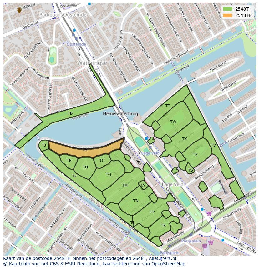 Afbeelding van het postcodegebied 2548 TH op de kaart.