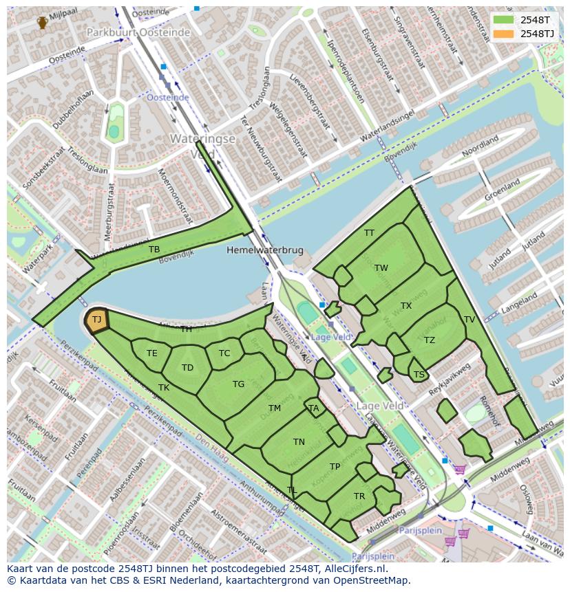 Afbeelding van het postcodegebied 2548 TJ op de kaart.