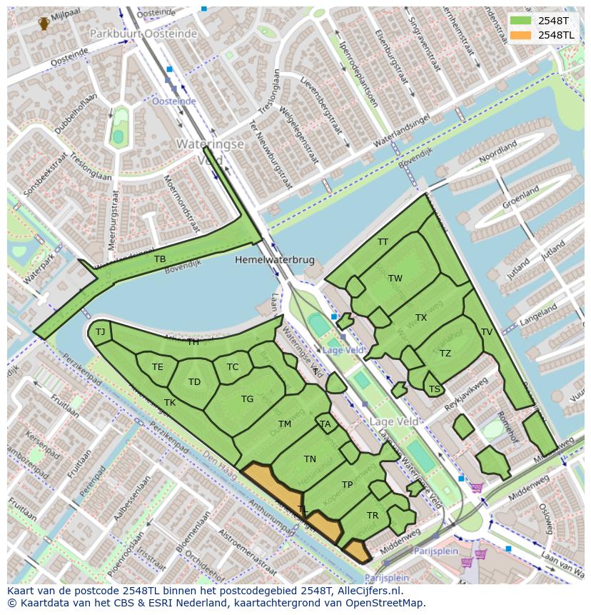 Afbeelding van het postcodegebied 2548 TL op de kaart.