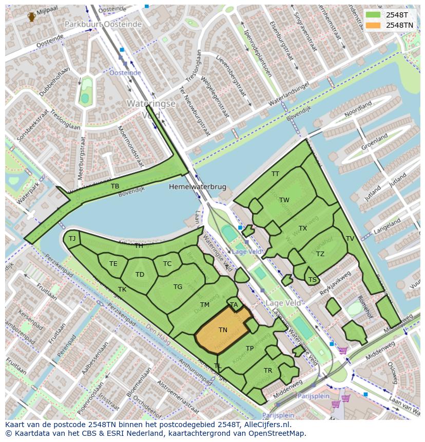 Afbeelding van het postcodegebied 2548 TN op de kaart.