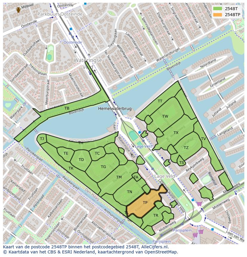 Afbeelding van het postcodegebied 2548 TP op de kaart.