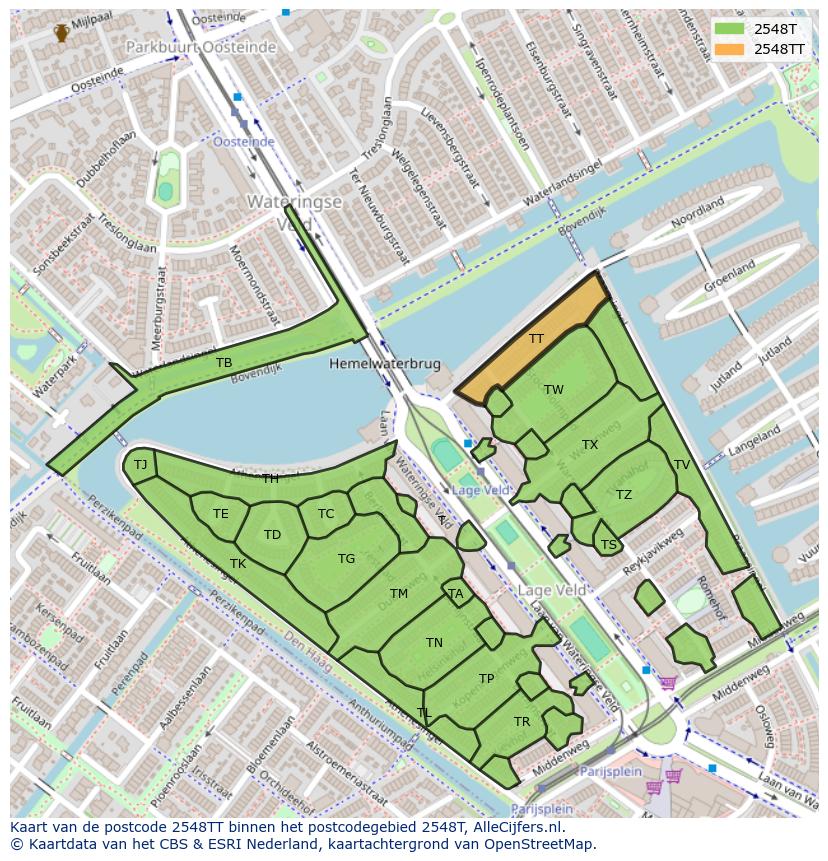 Afbeelding van het postcodegebied 2548 TT op de kaart.