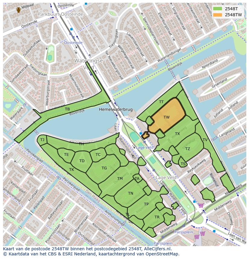 Afbeelding van het postcodegebied 2548 TW op de kaart.