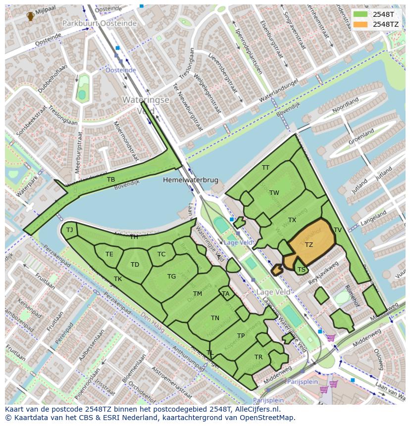 Afbeelding van het postcodegebied 2548 TZ op de kaart.