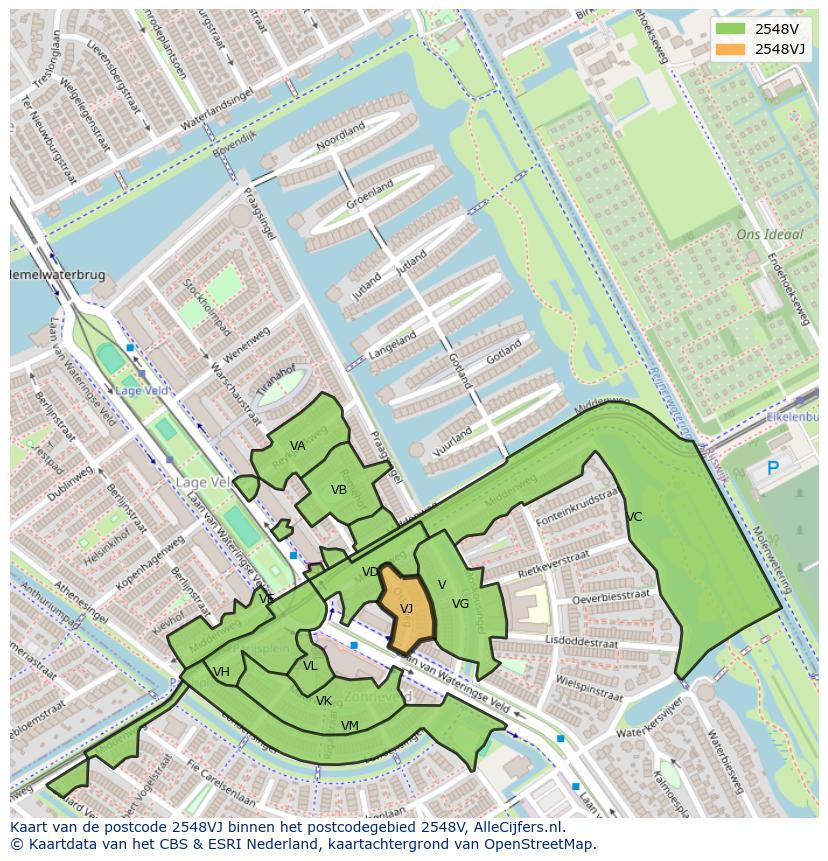 Afbeelding van het postcodegebied 2548 VJ op de kaart.
