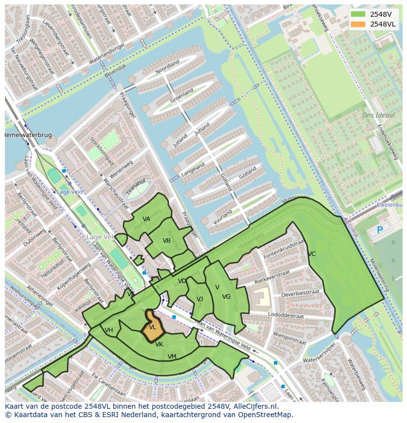 Afbeelding van het postcodegebied 2548 VL op de kaart.