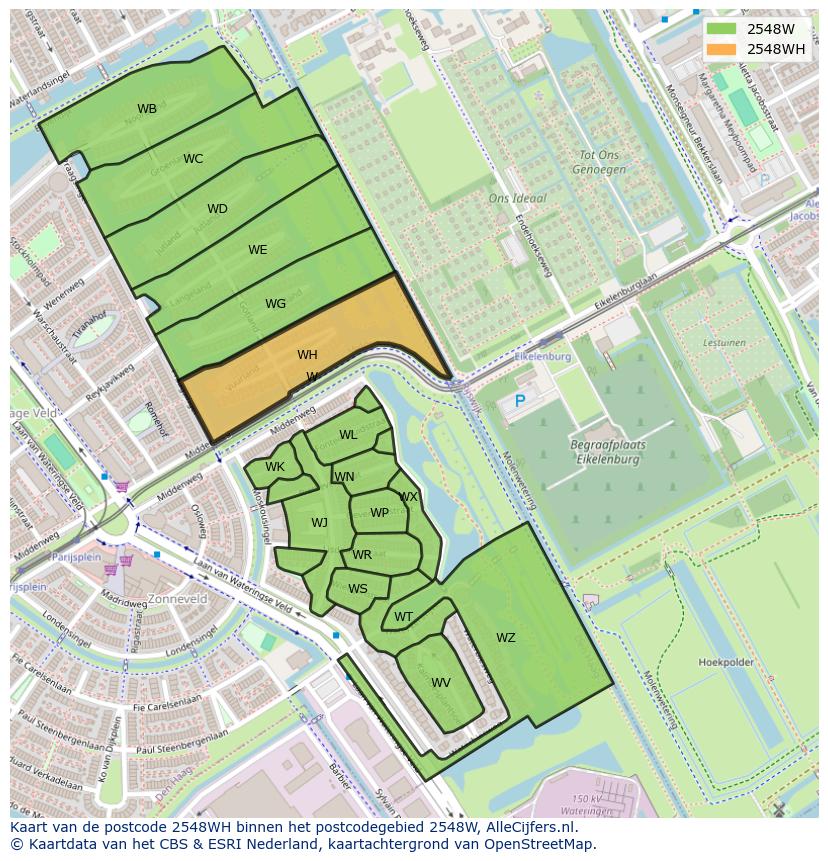 Afbeelding van het postcodegebied 2548 WH op de kaart.
