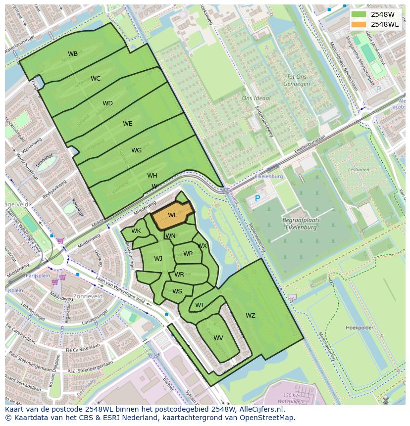 Afbeelding van het postcodegebied 2548 WL op de kaart.