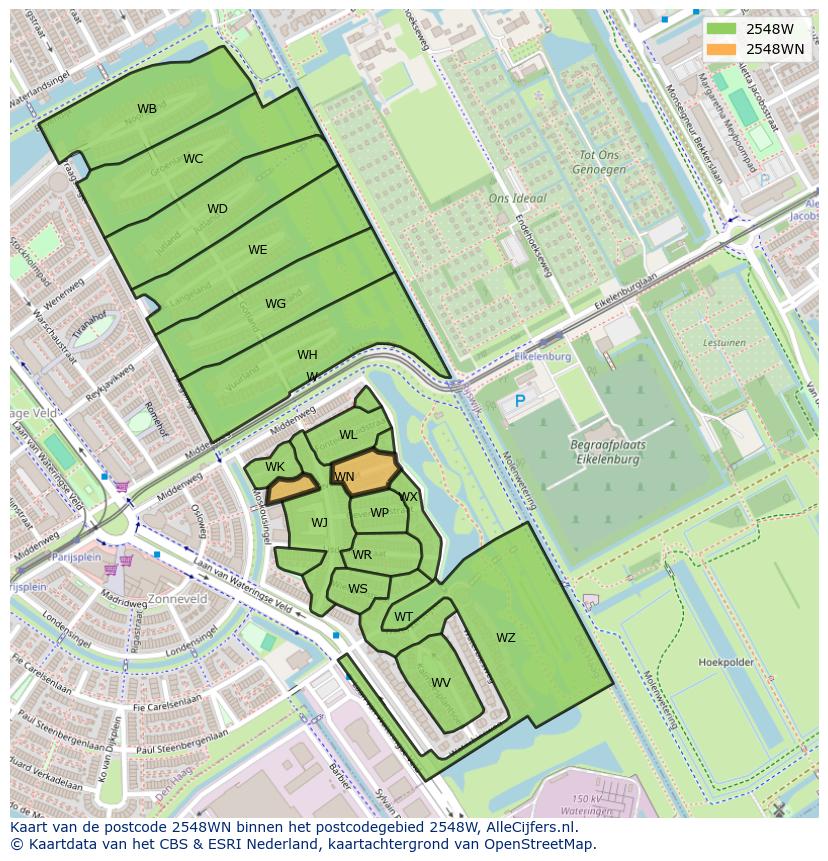Afbeelding van het postcodegebied 2548 WN op de kaart.