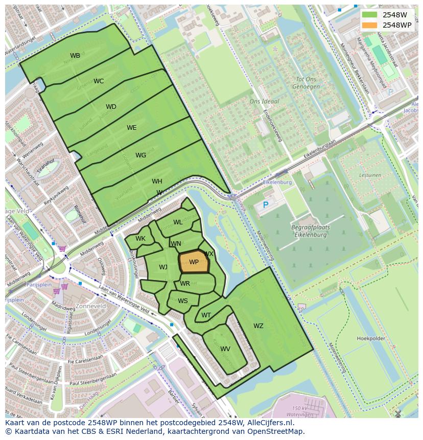 Afbeelding van het postcodegebied 2548 WP op de kaart.
