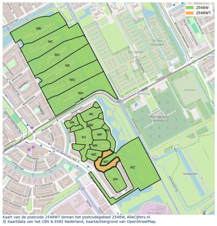 Afbeelding van het postcodegebied 2548 WT op de kaart.