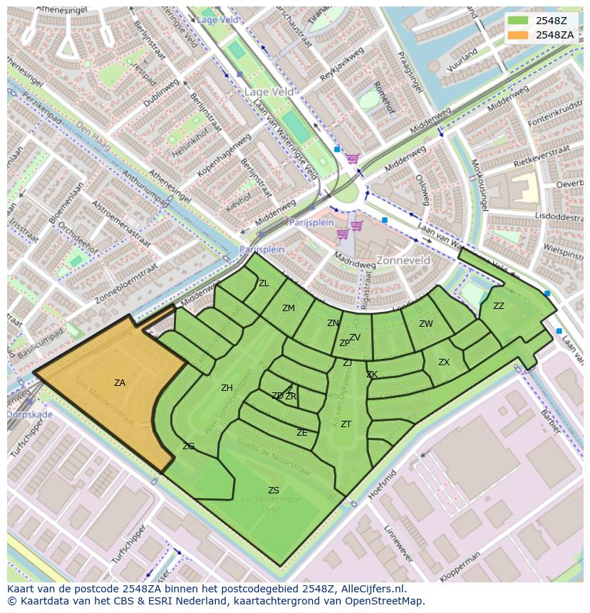 Afbeelding van het postcodegebied 2548 ZA op de kaart.