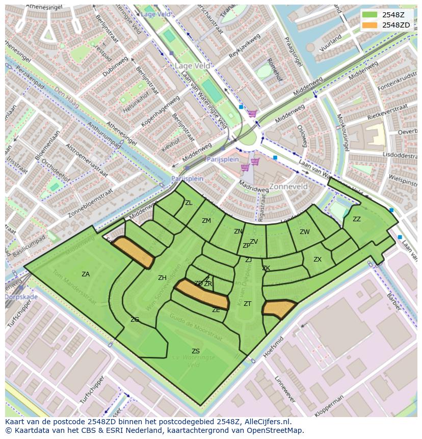 Afbeelding van het postcodegebied 2548 ZD op de kaart.