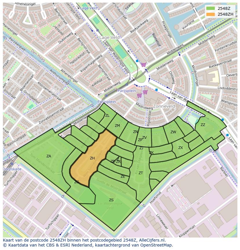 Afbeelding van het postcodegebied 2548 ZH op de kaart.