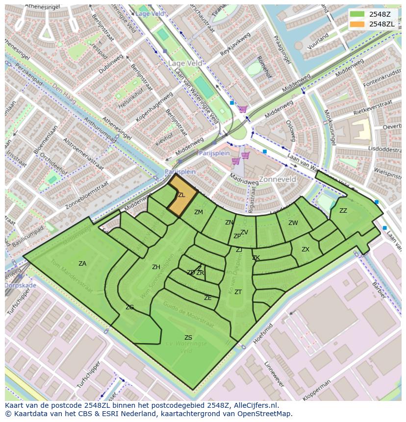 Afbeelding van het postcodegebied 2548 ZL op de kaart.