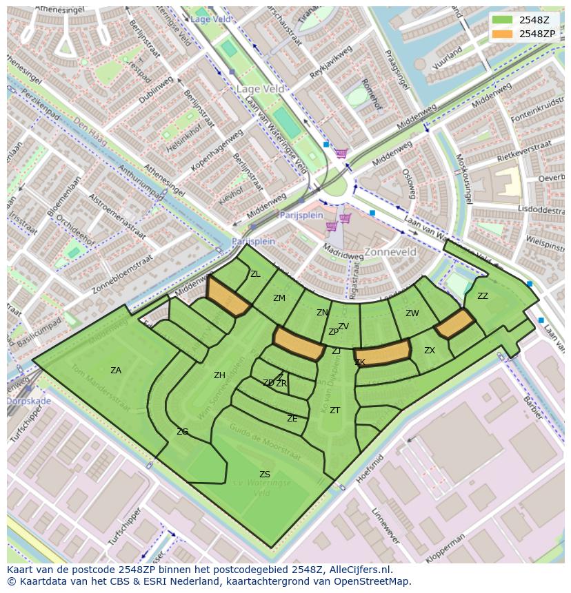 Afbeelding van het postcodegebied 2548 ZP op de kaart.