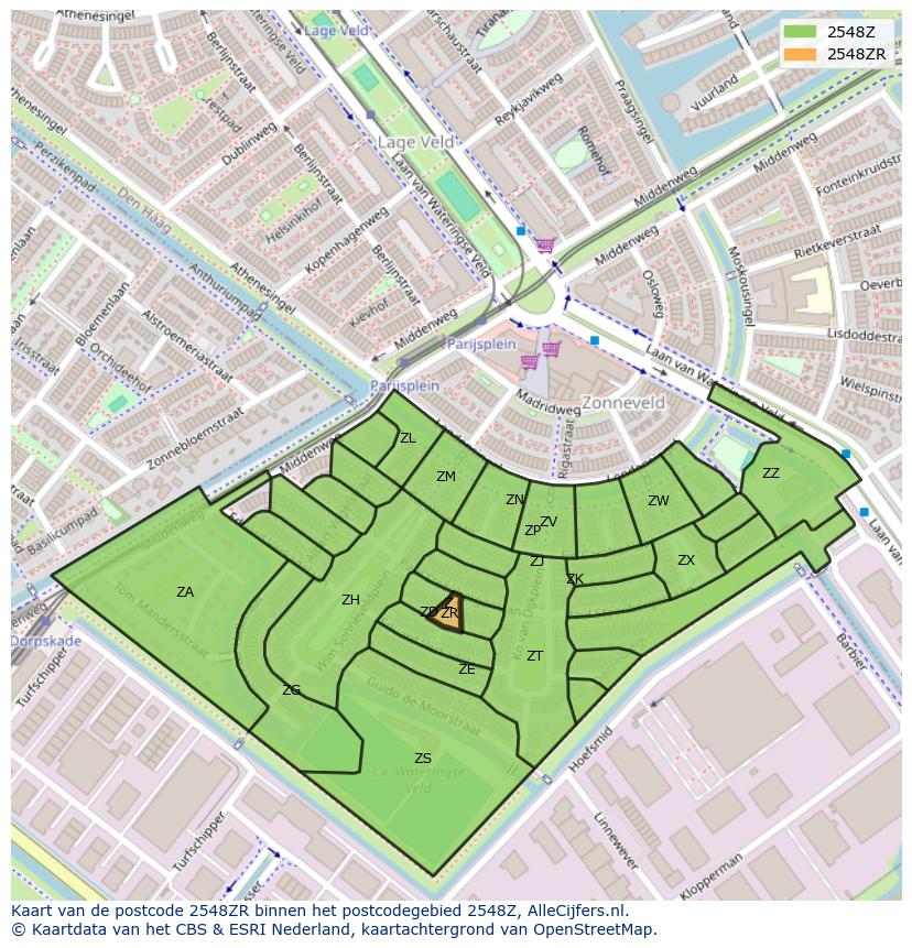 Afbeelding van het postcodegebied 2548 ZR op de kaart.