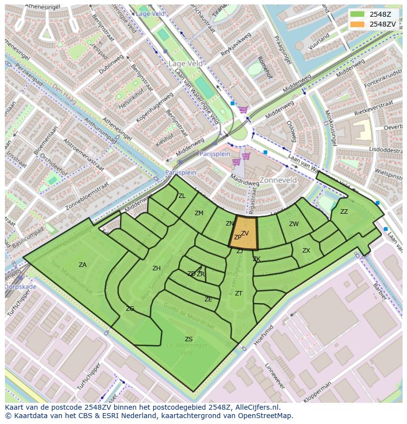 Afbeelding van het postcodegebied 2548 ZV op de kaart.