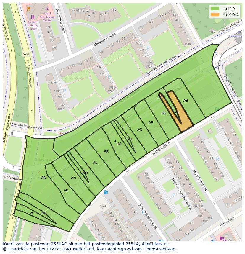 Afbeelding van het postcodegebied 2551 AC op de kaart.