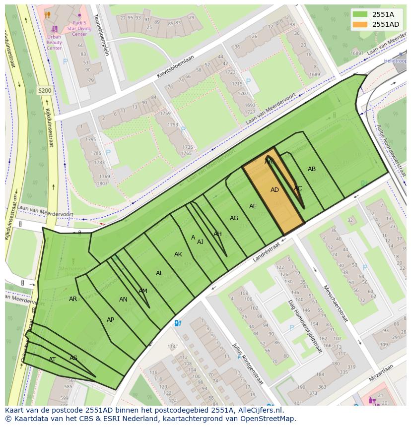 Afbeelding van het postcodegebied 2551 AD op de kaart.