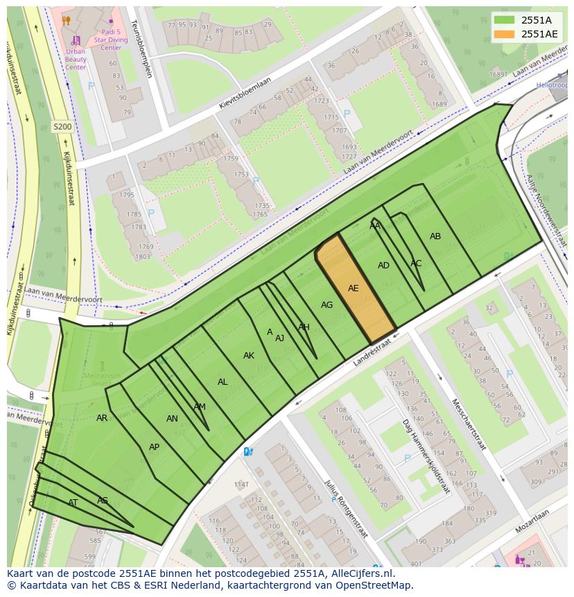 Afbeelding van het postcodegebied 2551 AE op de kaart.