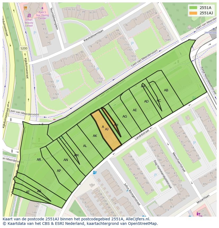 Afbeelding van het postcodegebied 2551 AJ op de kaart.