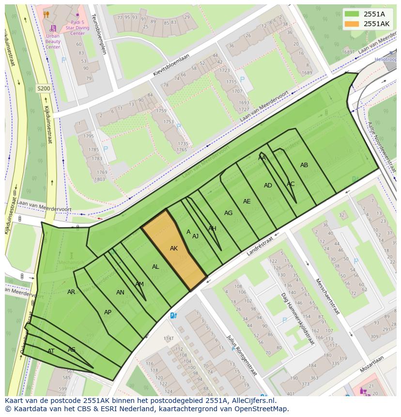Afbeelding van het postcodegebied 2551 AK op de kaart.