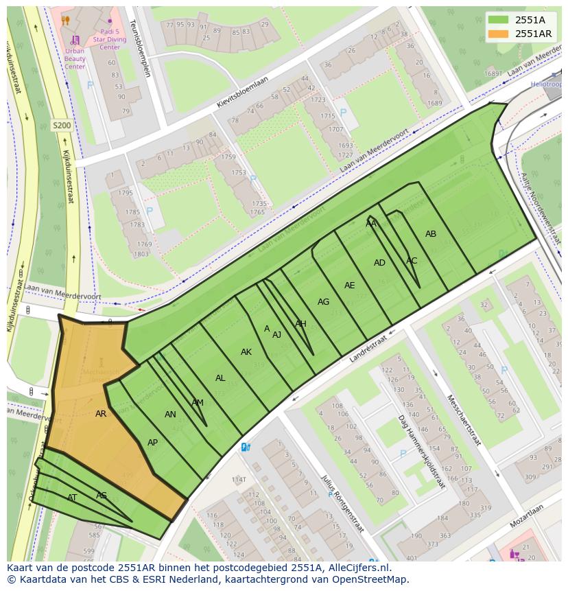 Afbeelding van het postcodegebied 2551 AR op de kaart.