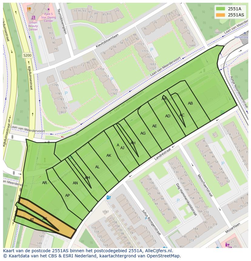 Afbeelding van het postcodegebied 2551 AS op de kaart.