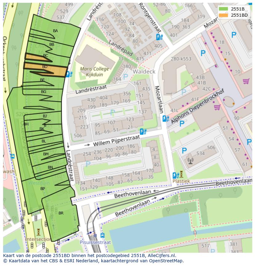 Afbeelding van het postcodegebied 2551 BD op de kaart.