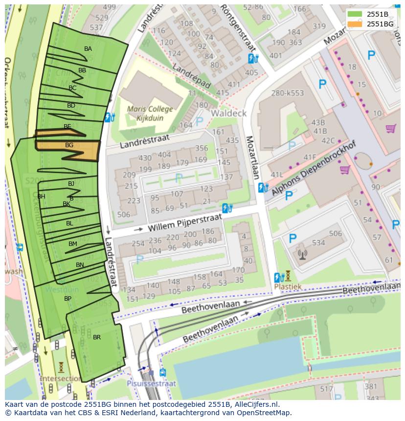 Afbeelding van het postcodegebied 2551 BG op de kaart.