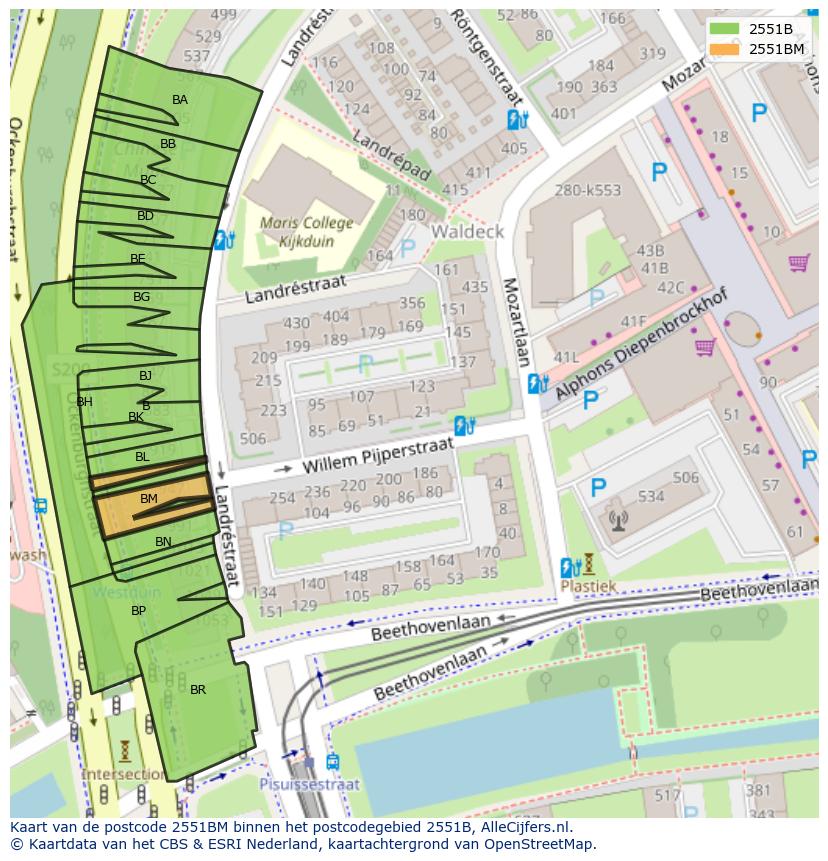 Afbeelding van het postcodegebied 2551 BM op de kaart.