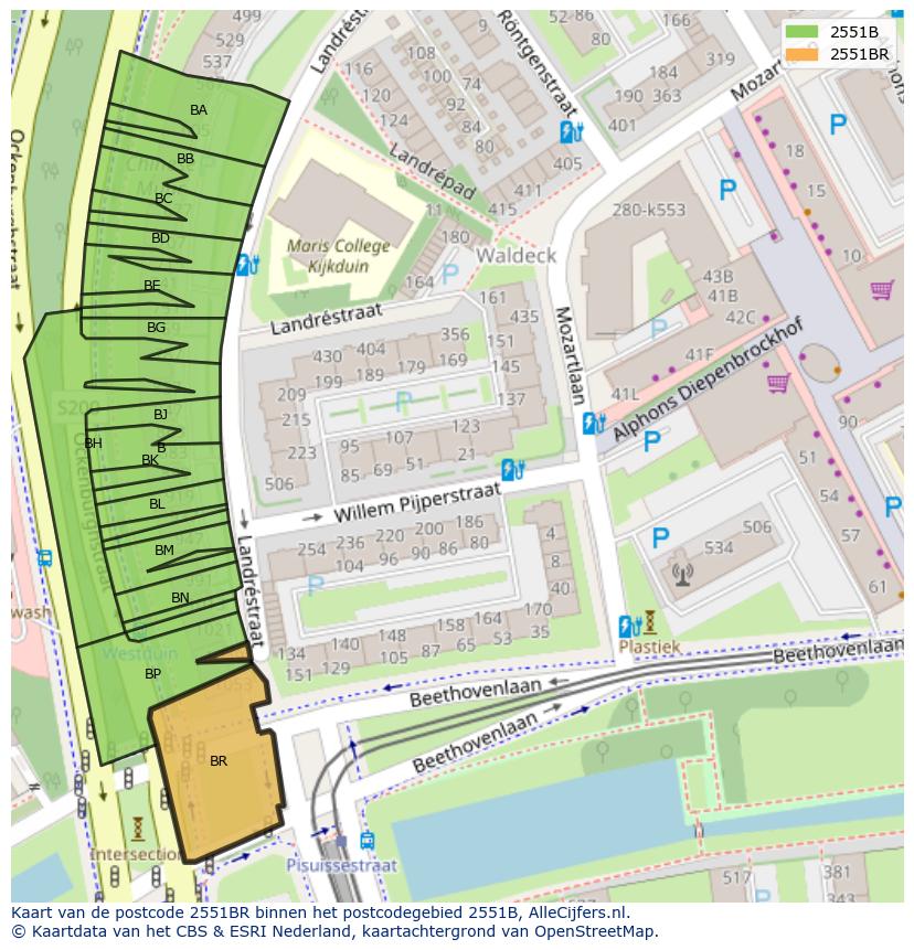Afbeelding van het postcodegebied 2551 BR op de kaart.