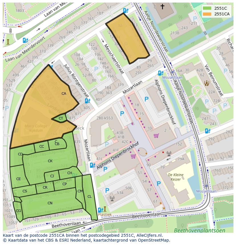 Afbeelding van het postcodegebied 2551 CA op de kaart.