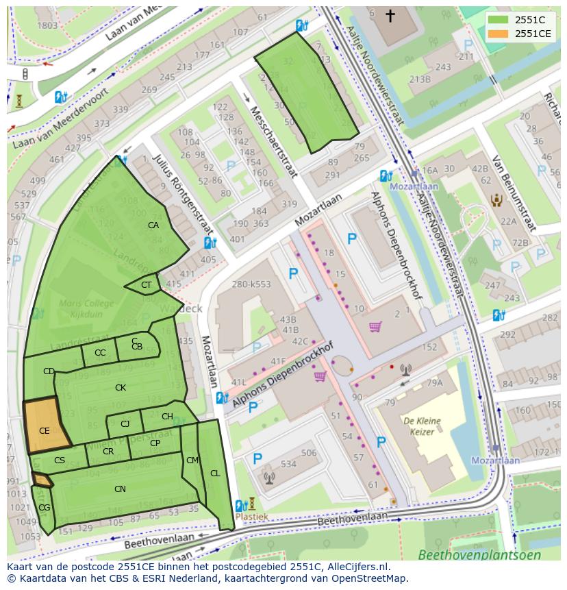 Afbeelding van het postcodegebied 2551 CE op de kaart.