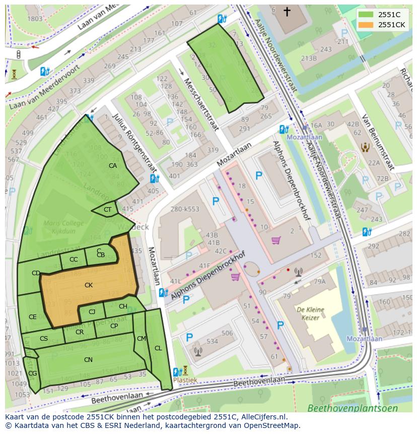 Afbeelding van het postcodegebied 2551 CK op de kaart.
