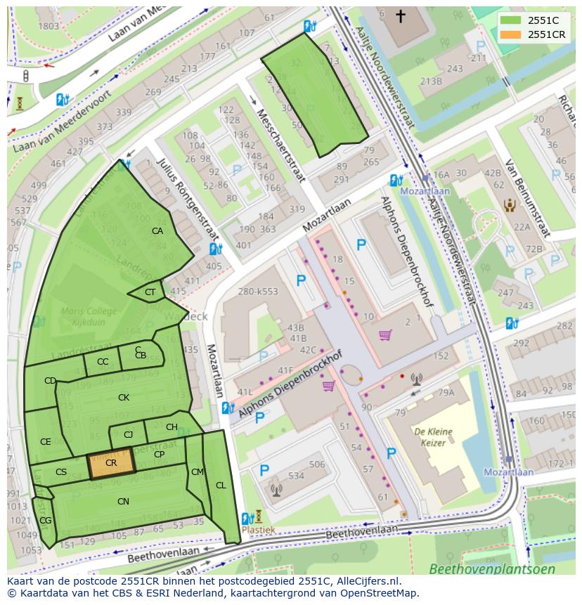 Afbeelding van het postcodegebied 2551 CR op de kaart.