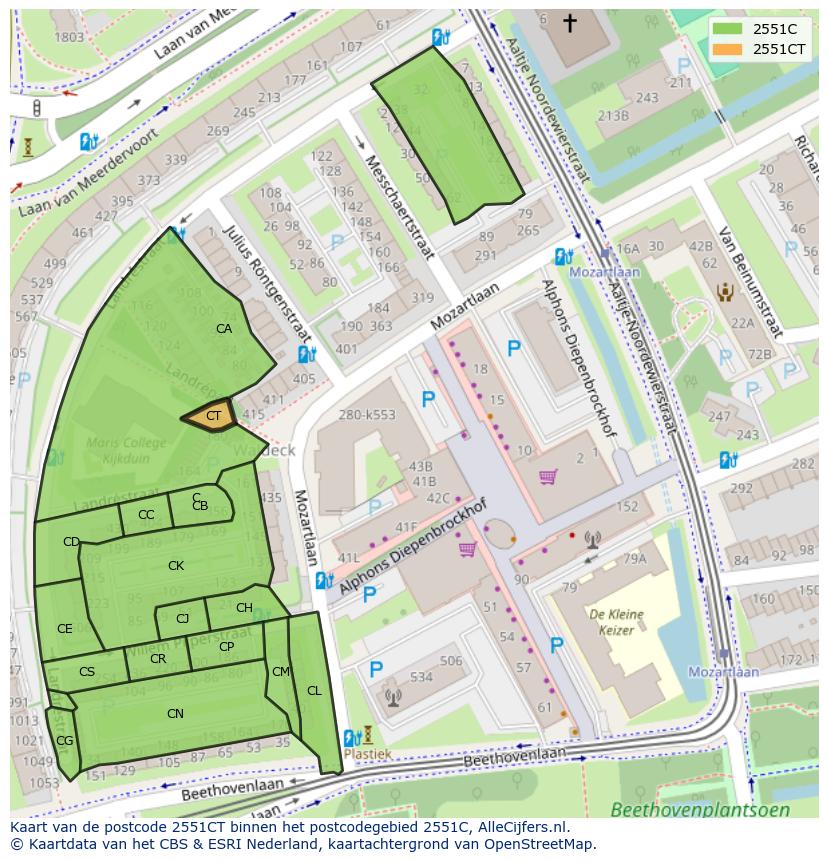 Afbeelding van het postcodegebied 2551 CT op de kaart.
