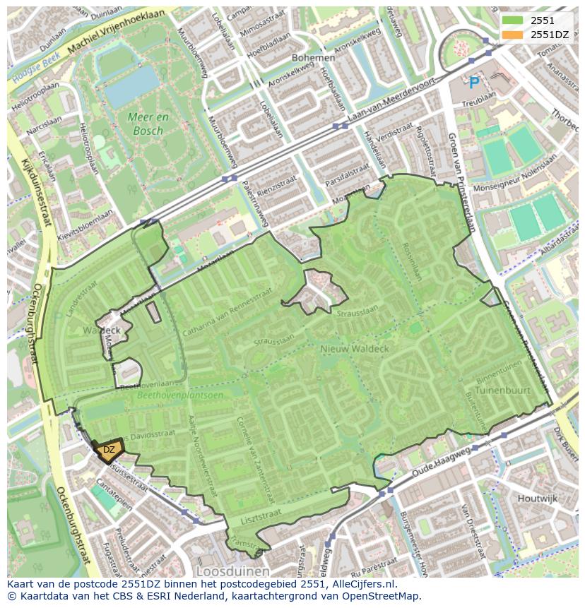 Afbeelding van het postcodegebied 2551 DZ op de kaart.