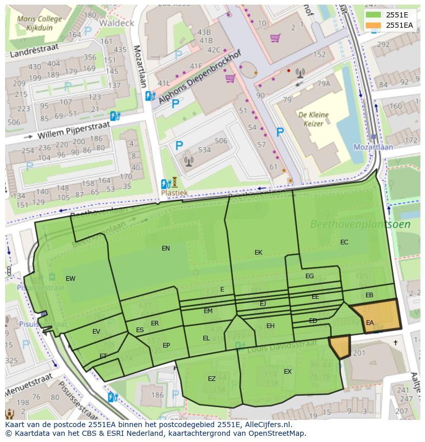 Afbeelding van het postcodegebied 2551 EA op de kaart.