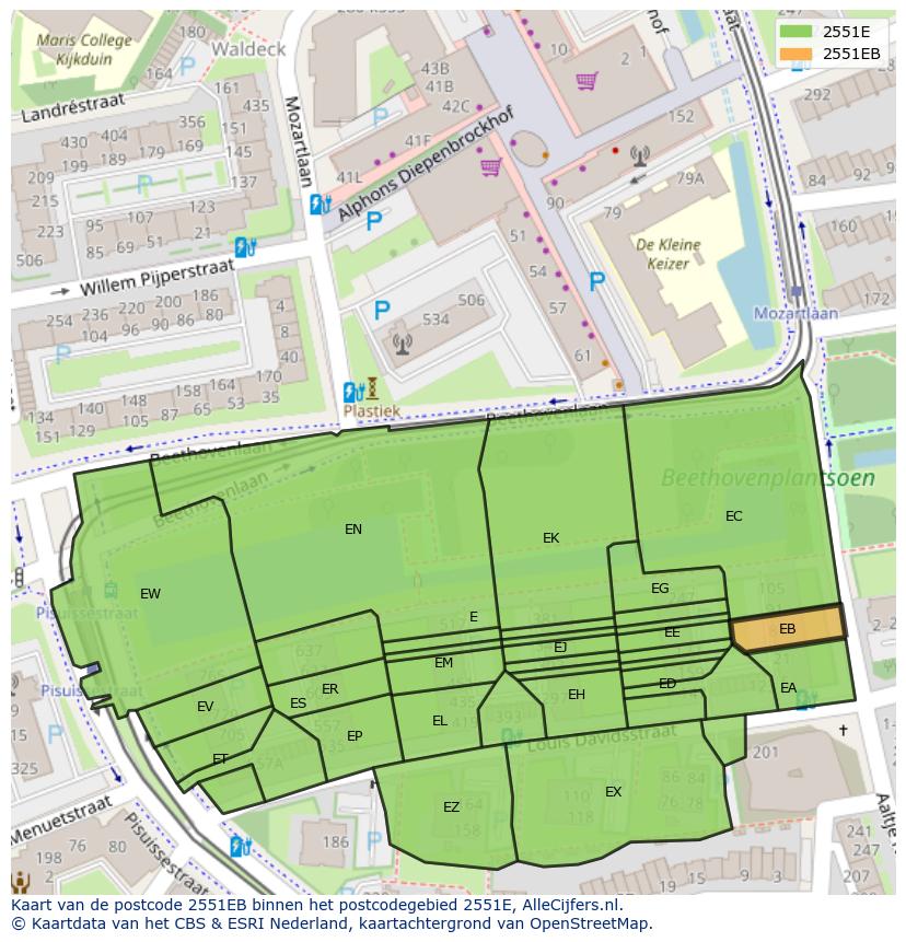 Afbeelding van het postcodegebied 2551 EB op de kaart.