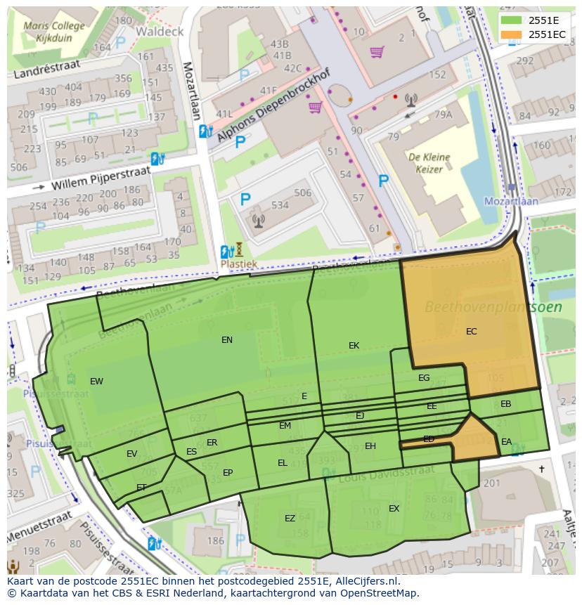 Afbeelding van het postcodegebied 2551 EC op de kaart.