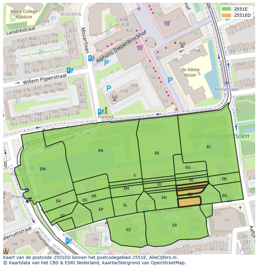 Afbeelding van het postcodegebied 2551 ED op de kaart.