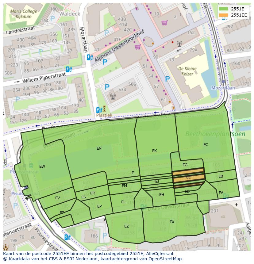 Afbeelding van het postcodegebied 2551 EE op de kaart.