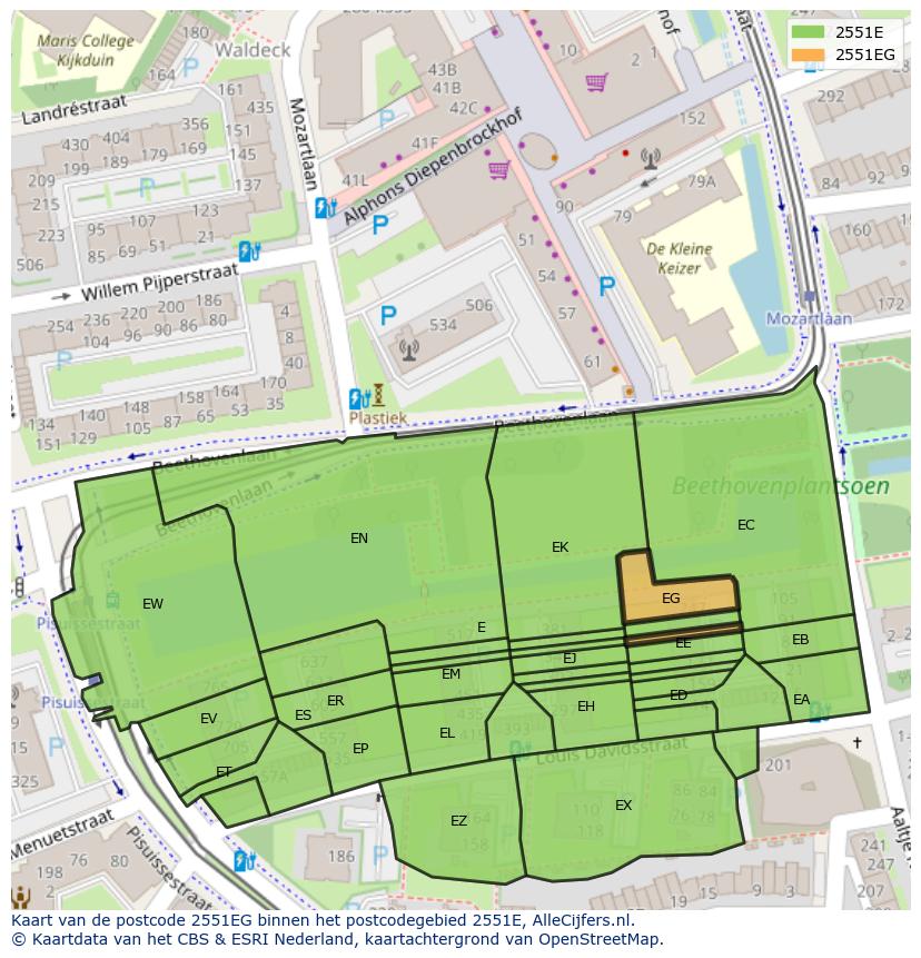 Afbeelding van het postcodegebied 2551 EG op de kaart.