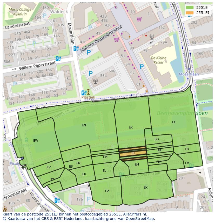 Afbeelding van het postcodegebied 2551 EJ op de kaart.