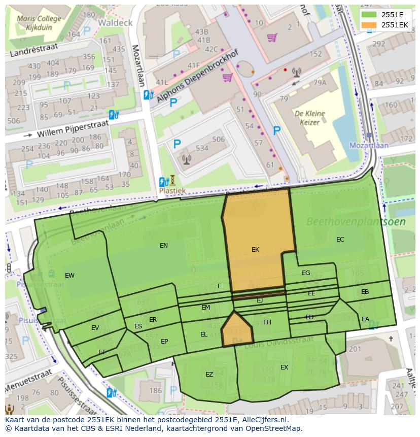 Afbeelding van het postcodegebied 2551 EK op de kaart.