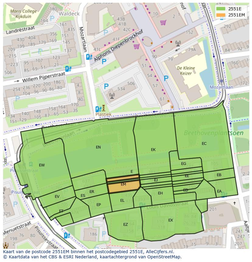 Afbeelding van het postcodegebied 2551 EM op de kaart.