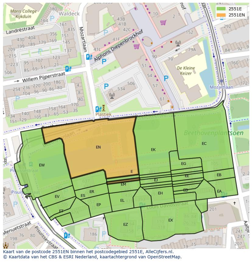Afbeelding van het postcodegebied 2551 EN op de kaart.