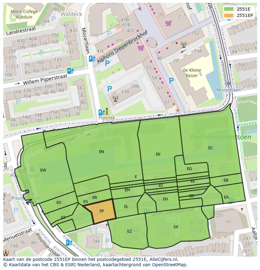 Afbeelding van het postcodegebied 2551 EP op de kaart.